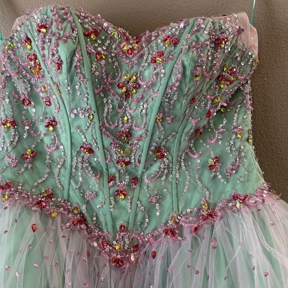 Elegant Mint Green Pink Quinceanera dress Gown (Petticoat not included) - Picture 8 of 11